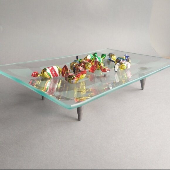 MCM Tray Frosted Glass Atomic Era Grid Pattern Metal Peg Legs VTG 60s Decorative - Picture 3 of 14